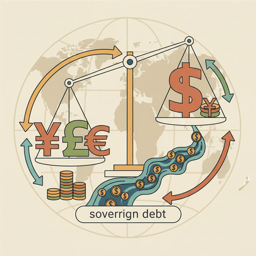 Conceptual illustration of sovereign debt volatility and cross-border interest rate arbitrage strategies in global financial markets.