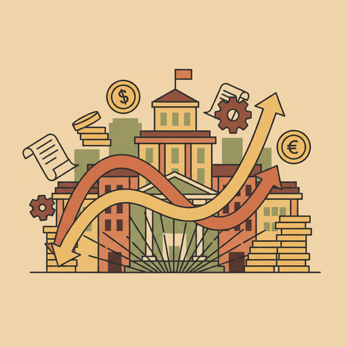 Flat design illustration depicting sovereign yield curve inversions impacting government debt structuring and fiscal stability.