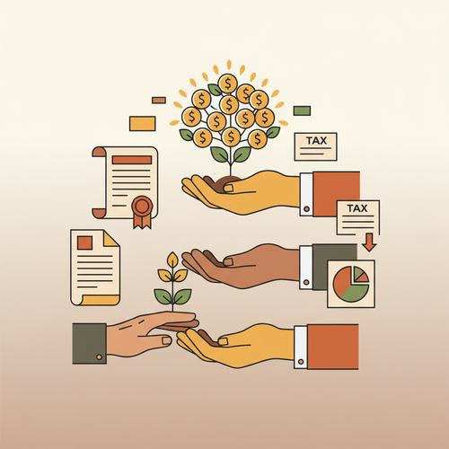 A flat design illustration depicting hands of different generations passing a golden coin or a growing plant, symbolizing strategic tax-advantaged wealth transfer strategies. Stylized legal documents and tax symbols are subtly integrated into the background.