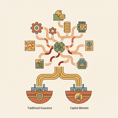 Illustration depicting the intricate connections of systemic risk securitization, advanced reinsurance protocols, and capital market integration for financial stability.