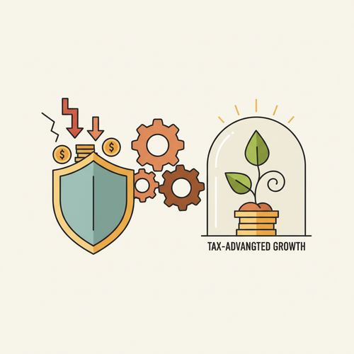 A conceptual illustration depicting various financial elements: gears for diversification, a shield for deflationary hedging, and a growing plant for tax-advantaged growth. Focuses on tax-advantaged deflation hedging.
