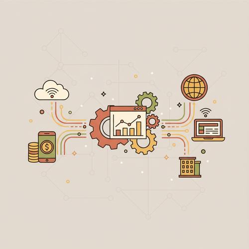 Flat design illustration showing transactional telemetry data flowing into an institutional credit framework for risk assessment.