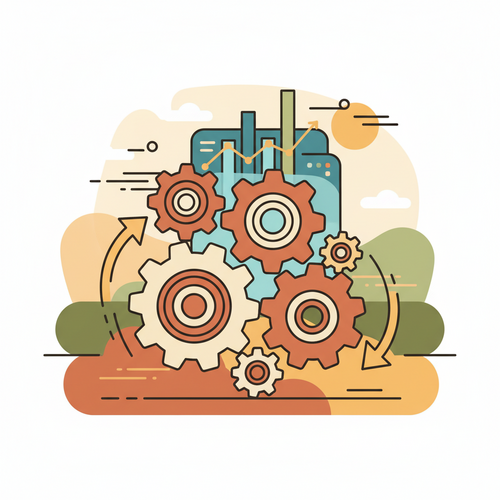 Flat design illustration of advanced capital allocation models showing gears, arrows, and a digital dashboard, representing the maximization of long-term asset velocity in finance.