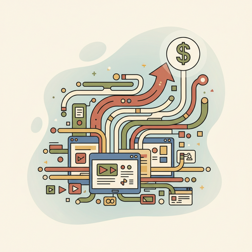 Flat design illustration of algorithmic audience monetization, showing programmatic infrastructure optimizing digital media holdings for high yield.