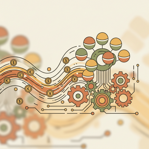 Illustration of algorithmic digital commerce infrastructure showing interconnected systems, data flow, and revenue generation.