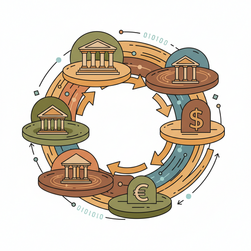 Flat design illustration showing algorithmic treasury optimization, with cash flow arrows and interconnected financial systems, symbolizing enterprise cash flow modeling and real-time liquidity management.