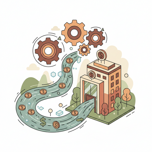 Flat design illustration of algorithmic treasury optimization, showing gears and data streams managing corporate liquidity and enhancing operational yield.