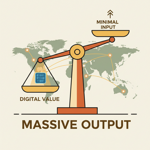 Conceptual illustration of asymmetric digital monetization, showing disproportionate revenue growth from digital assets globally, optimizing for scalable frameworks.