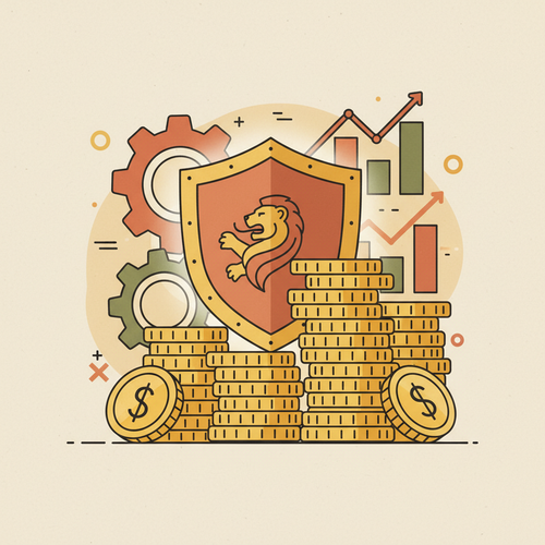 Flat design illustration showing a strong shield protecting financial assets, representing robust capital indemnification systems and the stability they provide through actuarial analysis and risk transfer mechanisms.