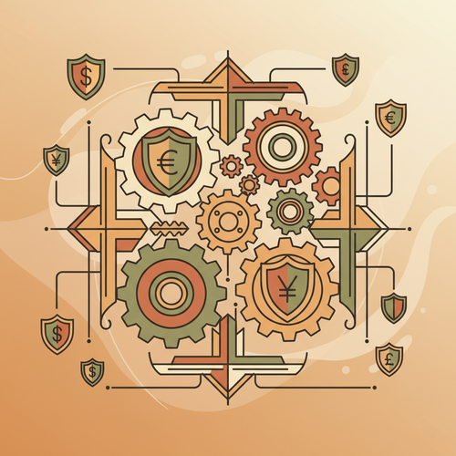 Conceptual illustration of captive insurance architecture with interconnected gears and protective shields, signifying advanced risk management and financial resilience for high-net-worth entity pools.