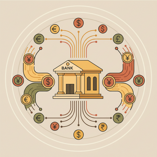 Illustration depicting the complex interplay of central bank monetary policy calibrations and cross-border debt structuring, showing global capital flows.