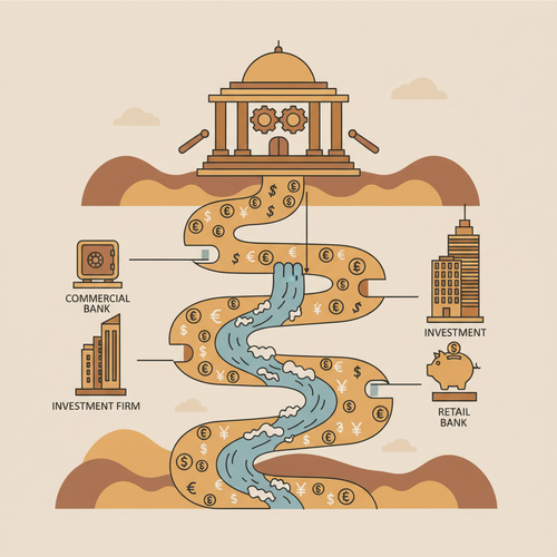 Conceptual illustration of central bank monetary policy influencing interbank liquidity and fixed-income market volatility, demonstrating economic regulation.