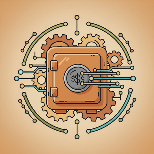 Flat design illustration of a secure corporate vault with gears and digital flows, representing robust corporate treasury architecture and the auditing of liquid reserves for enhanced operational runway.