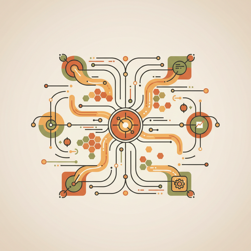 Flat design illustration representing interconnected digital networks facilitating decentralized autonomous revenue ecosystems and remote capital generation through blockchain technology.