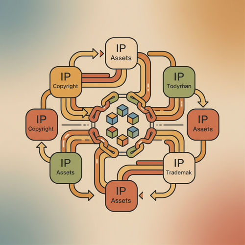 Flat design illustration of decentralized intellectual property syndication with blockchain nodes and digital rights management.