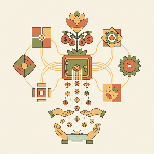 Decentralized Revenue Ecosystems conceptual illustration showing digital assets and blockchain networks generating autonomous income.