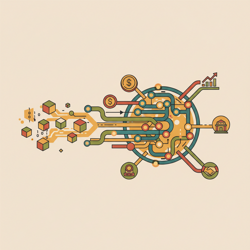 Flat design illustration depicting digital asset monetization ecosystems, showing blockchain connections, tokens, and global revenue streams.