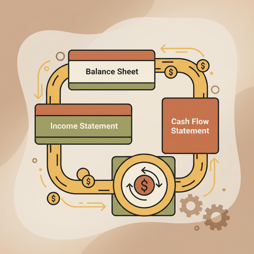 Conceptual illustration of dynamic balance sheet restructuring with cash flow modeling, showing interconnected financial statements and flowing cash.