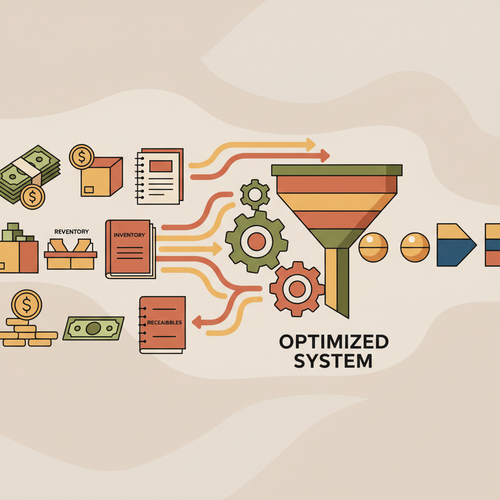 Flat design illustration depicting enterprise cash optimization with charts, currency symbols, and flowing assets, representing working capital efficiency.