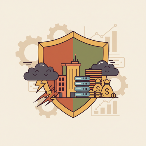 Flat design illustration of a corporate shield protecting various assets with gears and charts in the background, symbolizing actuarial frameworks and data.