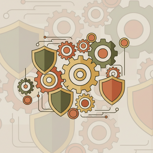 Conceptual illustration of enterprise risk mitigation using actuarial frameworks and underwriting strategies, featuring gears, data streams, and protective shields.