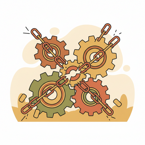 Flat design illustration of gears representing capital structure and breaking chains, symbolizing high-yield debt restructuring and credit portfolio engineering.