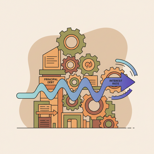 Flat design illustration of complex institutional debt architecture, including bond symbols and loan documents, with a strategic arrow indicating arbitrage opportunities amidst changing interest rates, for superior financial returns.