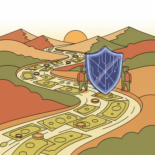 Flat design illustration depicting institutional treasury protocols, with a digital shield protecting a flowing river of corporate cash flow and liquidity, representing financial security and optimized management.