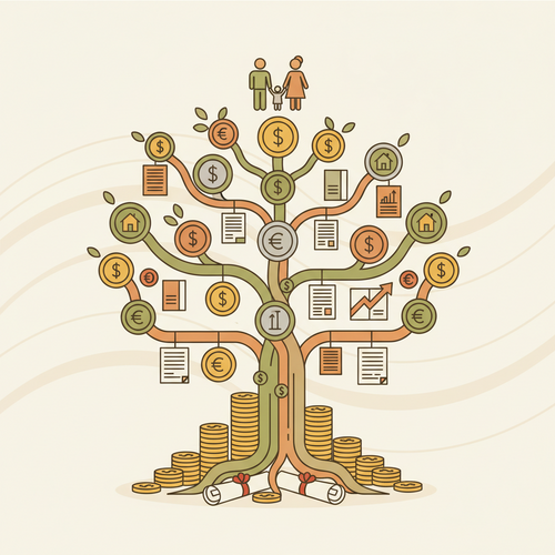 Illustration depicting intergenerational wealth preservation strategies through a growing family tree and financial assets.
