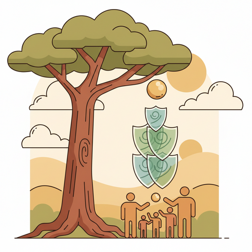 Illustration of a large tree with a wide canopy and sturdy trunk under a soft-toned sky with clouds and sun. To the right, layered shield icons symbolize protection. Below, a stylized family (two adults and two children) stands together with a gesture of care and support, suggesting safety, family protection, and stability.