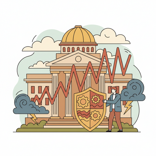 Illustration of macroeconomic volatility hedging strategies, showing a financial professional managing a portfolio against a volatile yield curve and central bank actions.