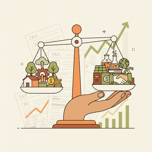 Flat design illustration of Microeconomic Asset Allocation showing a hand balancing investment assets, symbolizing tax-advantaged portfolio diversification strategies.