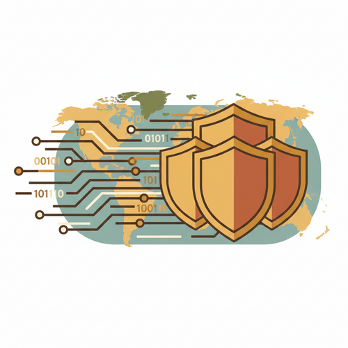 Predictive Underwriting Analytics visualised as data streams flowing into a protective financial shield on a global map, representing global asset protection.