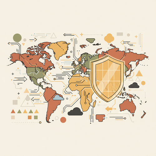 Predictive Underwriting Analytics Reinsurance global risk mitigation with advanced data models and a protective shield over the world map.