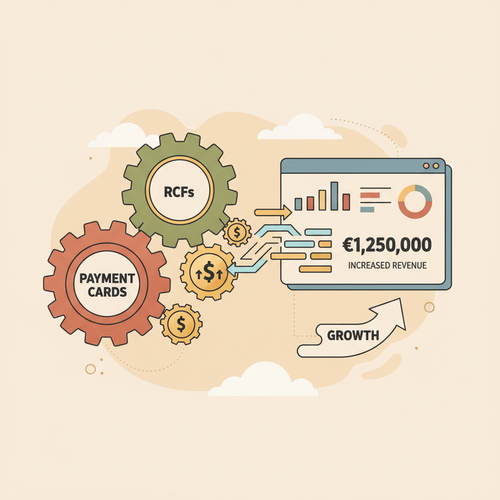 Illustration depicting strategic management of revolving credit facilities and corporate payment cards, generating interchange revenue and financial optimization insights.