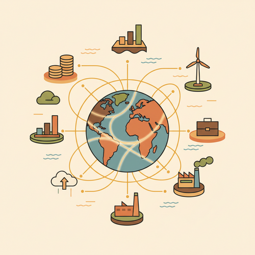Flat design illustration showing global financial network and optimized multi-asset cross-border portfolio management concepts, emphasizing private wealth velocity and structural optimization.