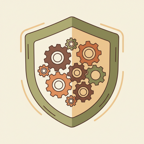 Conceptual illustration of quantitative reinsurance models protecting financial systems from catastrophic events, featuring interconnected gears and a shield.
