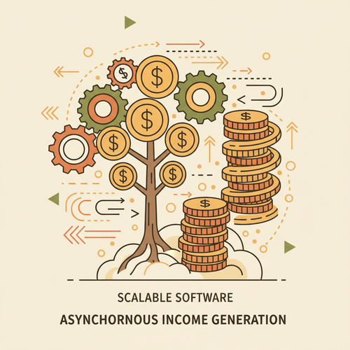 Flat design illustration depicting scalable enterprise SaaS licensing generating asynchronous income, showing gears and data flow leading to financial growth.