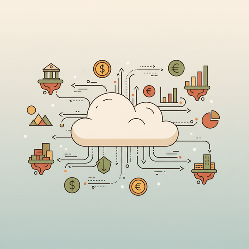 Conceptual illustration of cloud-based capitalization and digital monetization, showing financial growth and data flow within a secure cloud environment.