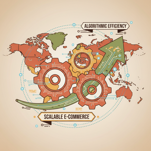 Illustration depicting the synergy of algorithmic systems within a scalable e-commerce ecosystem, focusing on high-margin digital commerce growth.