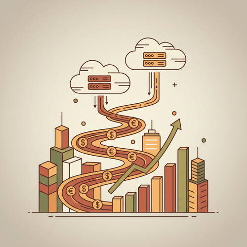 Flat design illustration of scalable cloud infrastructure supporting recurring revenue streams in the digital economy.