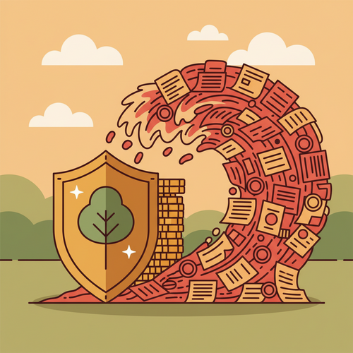 Flat design illustration showing a financial shield defending a stack of gold coins from a storm of government bills, symbolizing Sovereign Capital Defense under fiscal pressure.