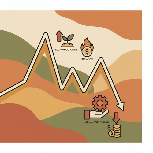 Flat design illustration showing a stylized sovereign yield curve, with visual elements representing macroeconomic forecasting and debt capitalization concepts in a professional financial setting.