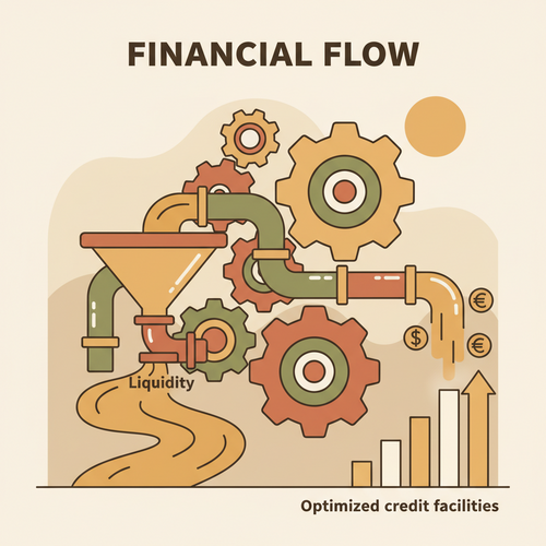 An illustration depicting credit facility optimization, with gears working in synergy to represent maximized liquidity and reward arbitrage in corporate finance.