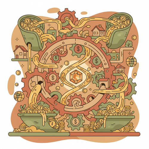 Flat design illustration of complex financial structures and flowing money representing Unsecured Revolving Liability Architectures for high net worth individuals.