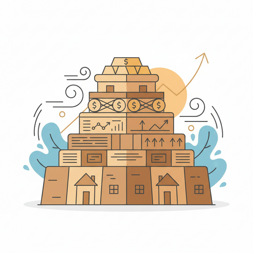 Wealth Preservation Architectures: Strategic Diversification and Risk-Adjusted Returns. A visual metaphor of a strong financial structure protecting assets from market volatility.