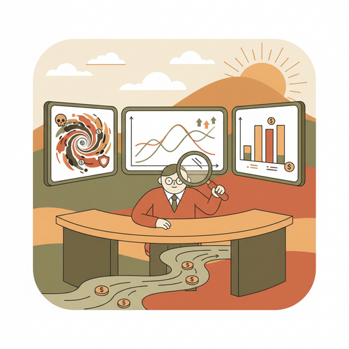 Flat design illustration of a financial analyst in front of multiple screens displaying yield curves and risk metrics, conceptualizing data analysis and forecasting.