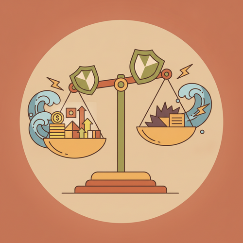Illustration of systemic liability hedging, showing financial assets balancing liabilities with protective barriers deflecting market risks.