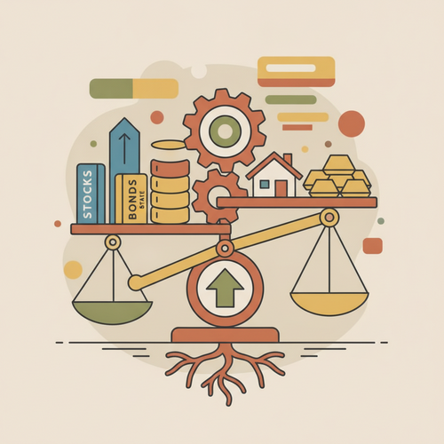 Illustration of cross-asset portfolio diversification balancing wealth preservation with various investment types