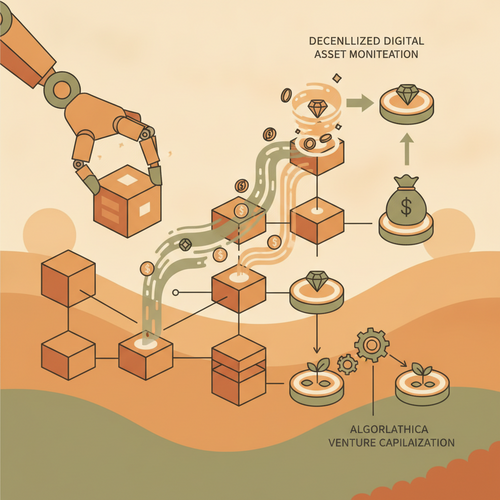 Algorithmic Venture Capitalization illustration showing a robotic arm deploying capital into a blockchain, symbolizing decentralized digital asset monetization.